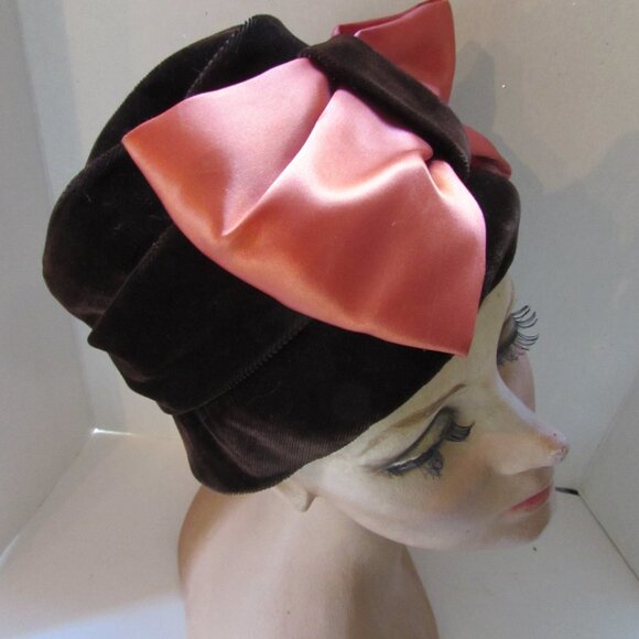 SALE Vintage Bucket Hat Brown Velvet Copper Satin Bow
